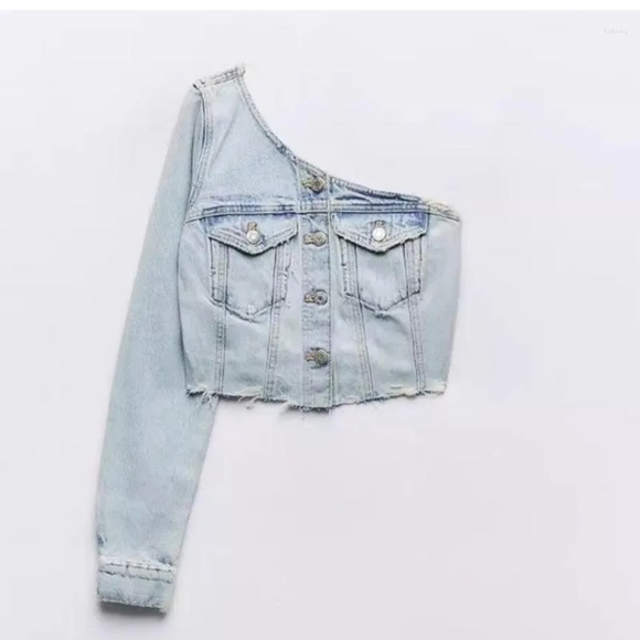 Zara Light Blue Asymmetric Trf Denim One Shoulder Jean Top/Jacket - Picture 3 of 6